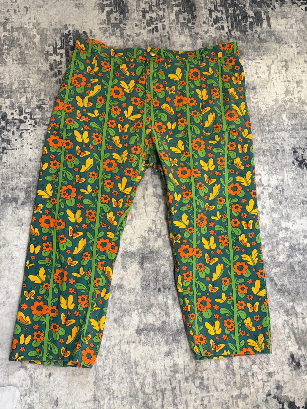 Big Bud Press Butterfly 70s print Bash Work Floral Green & Orange pants size 6XL
